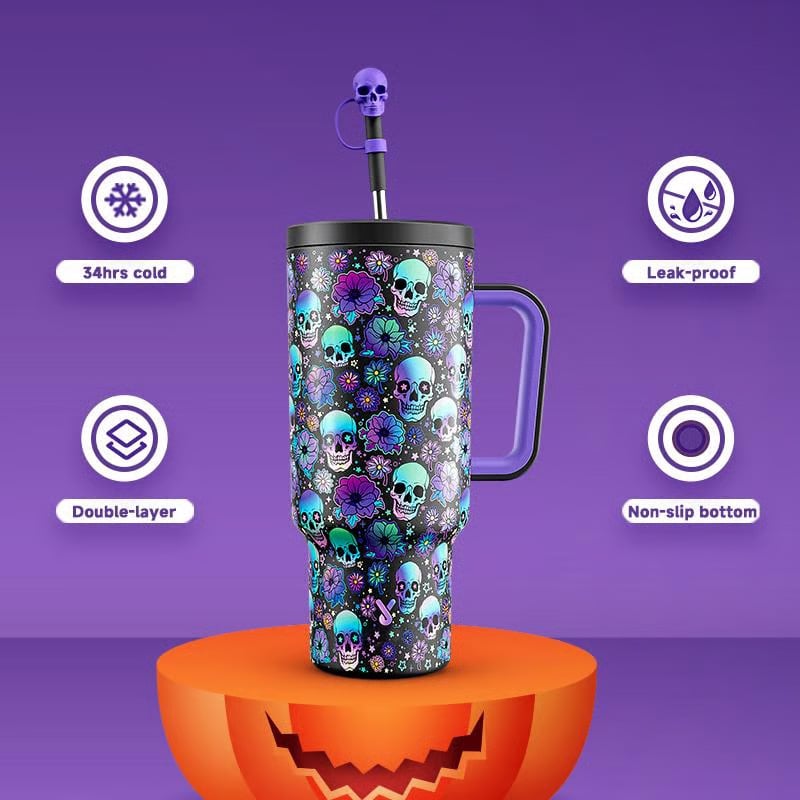 🎃💀Halloween Skull Tumbler: Spooky Gothic Stainless Steel Cup with Lid & Straw