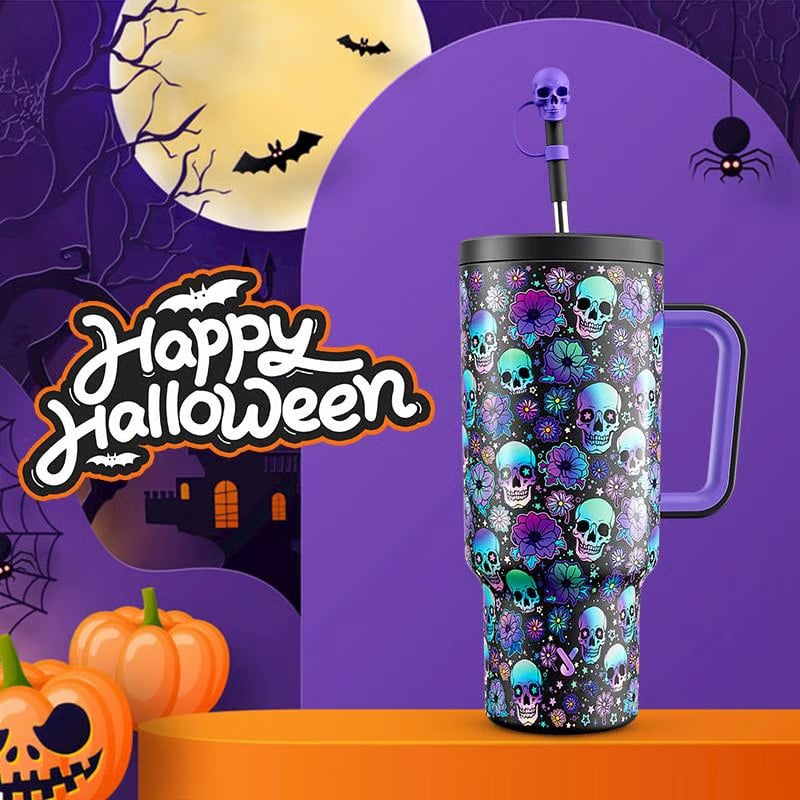 🎃💀Halloween Skull Tumbler: Spooky Gothic Stainless Steel Cup with Lid & Straw