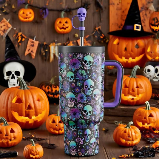 🎃💀Halloween Skull Tumbler: Spooky Gothic Stainless Steel Cup with Lid & Straw